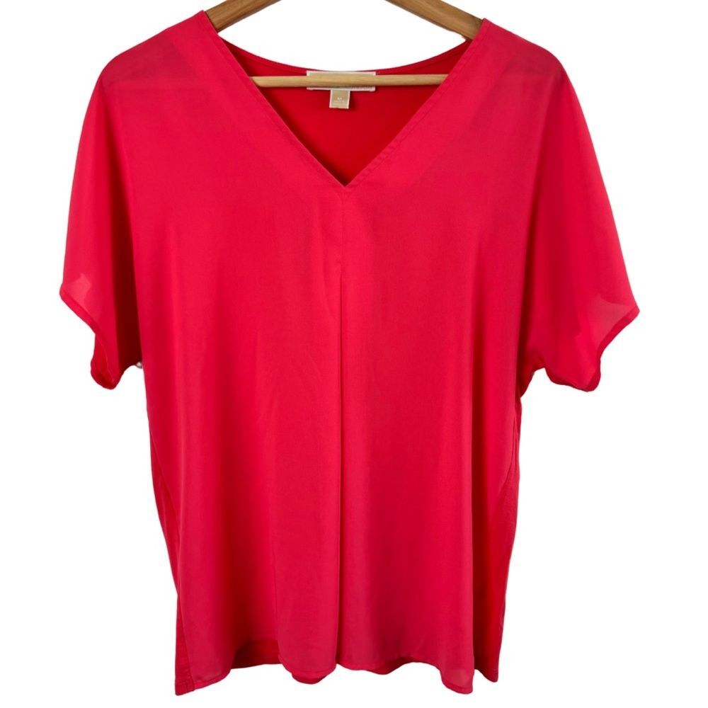 Michael Kors Pink Dolman Sleeve Top Pleated V Neck Gold Logo Blouse Medium